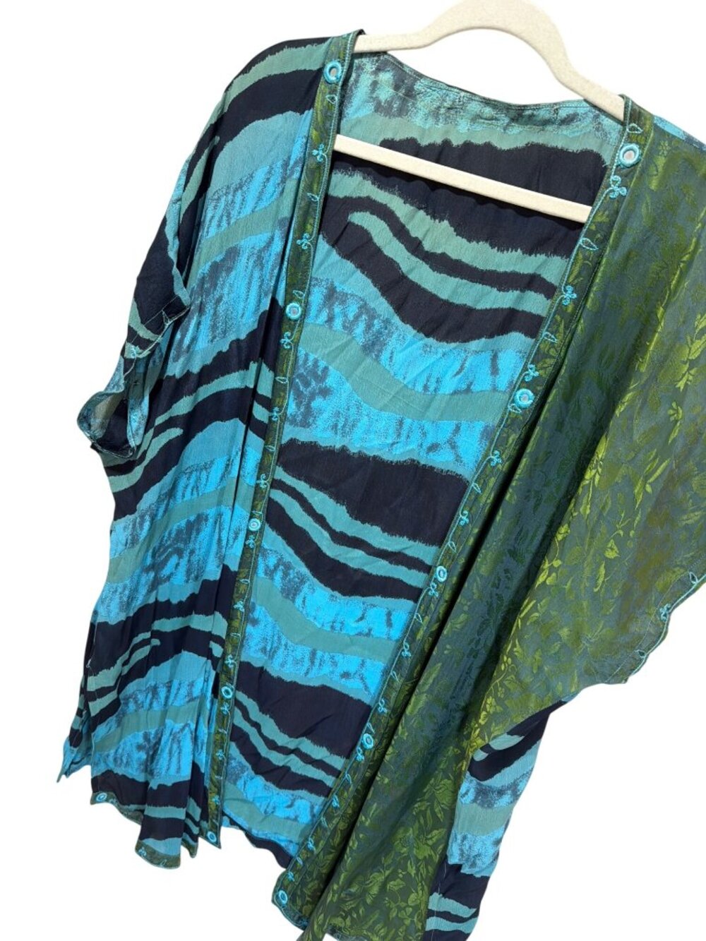 Vintage 90's Blue & Green Striped Open Front Kimono With Floral Embroidery Light